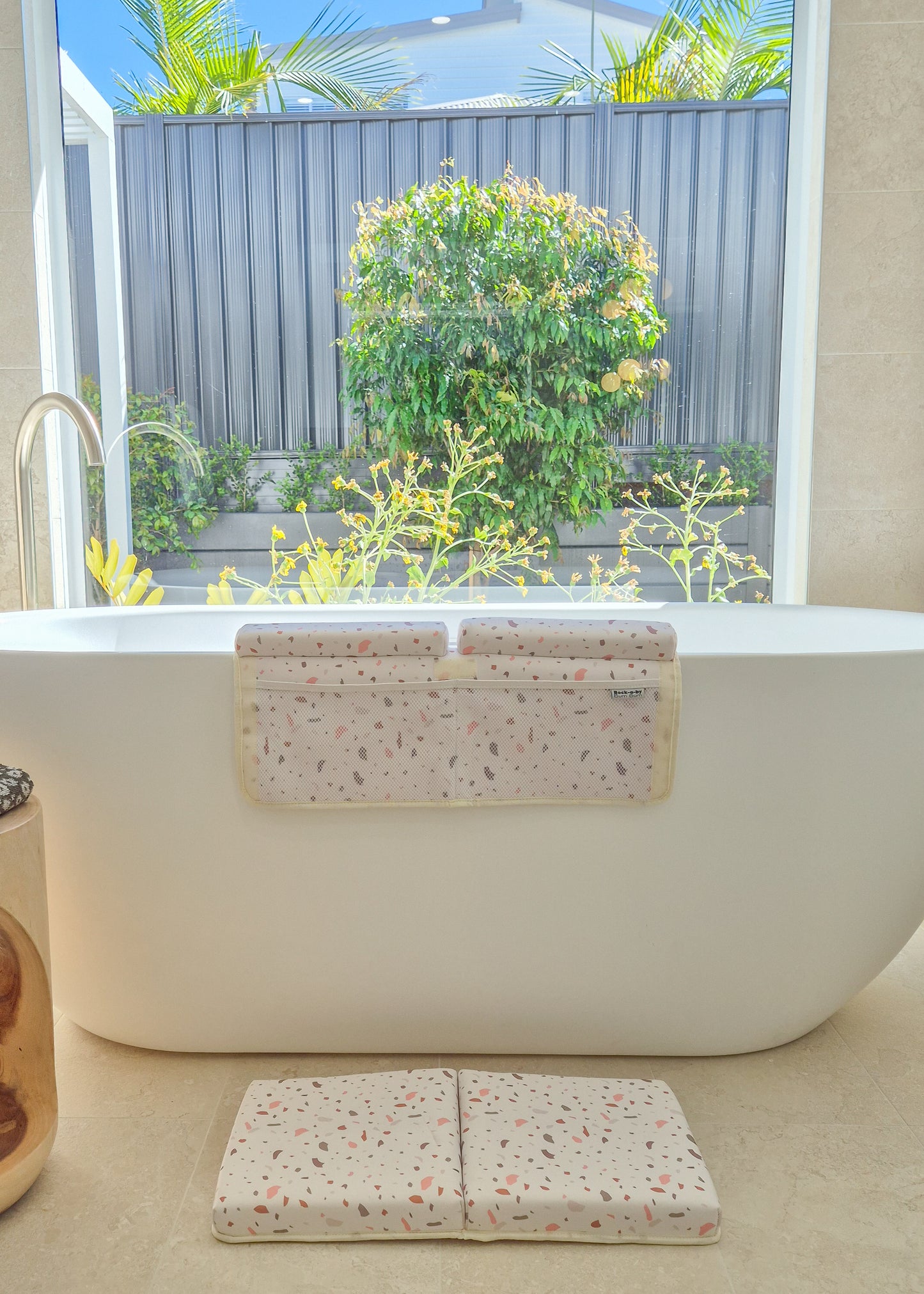 Elbow Rest and Kneeler Set installed on freestanding bathtub