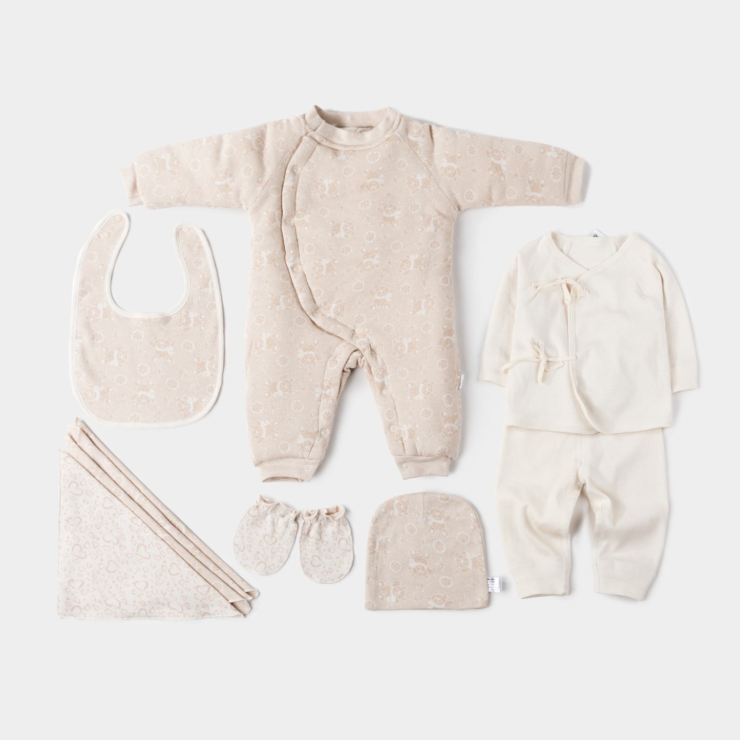 Baby shower gift set with essential items.