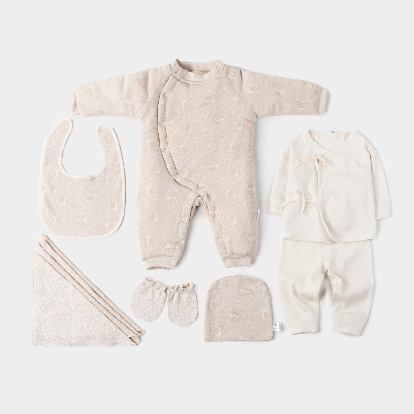 Baby shower gift set with essential items.