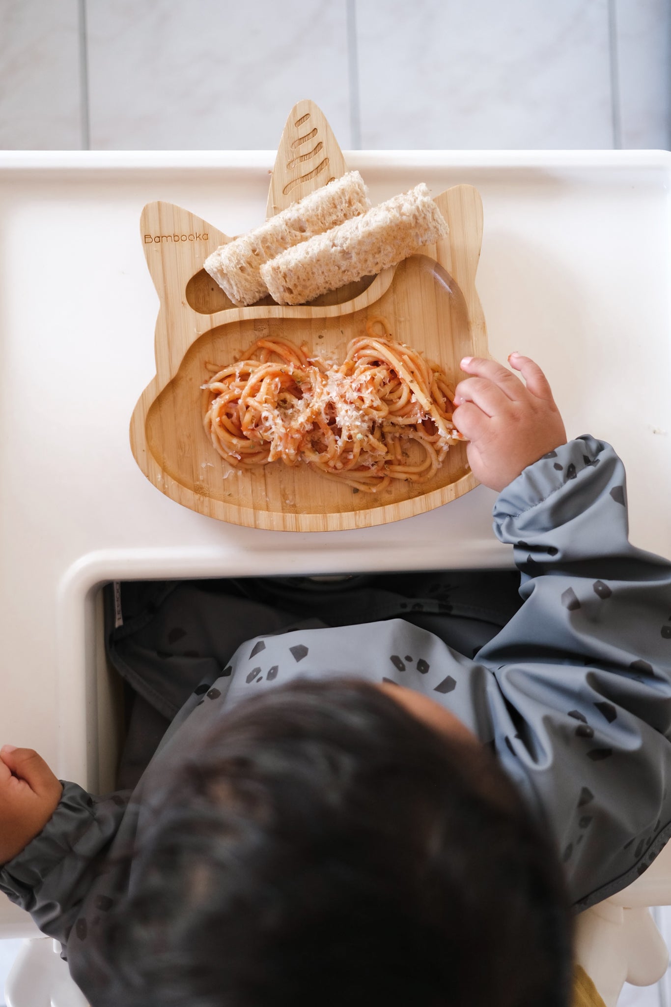 Baby bamboo  plate with toast and spaghetti