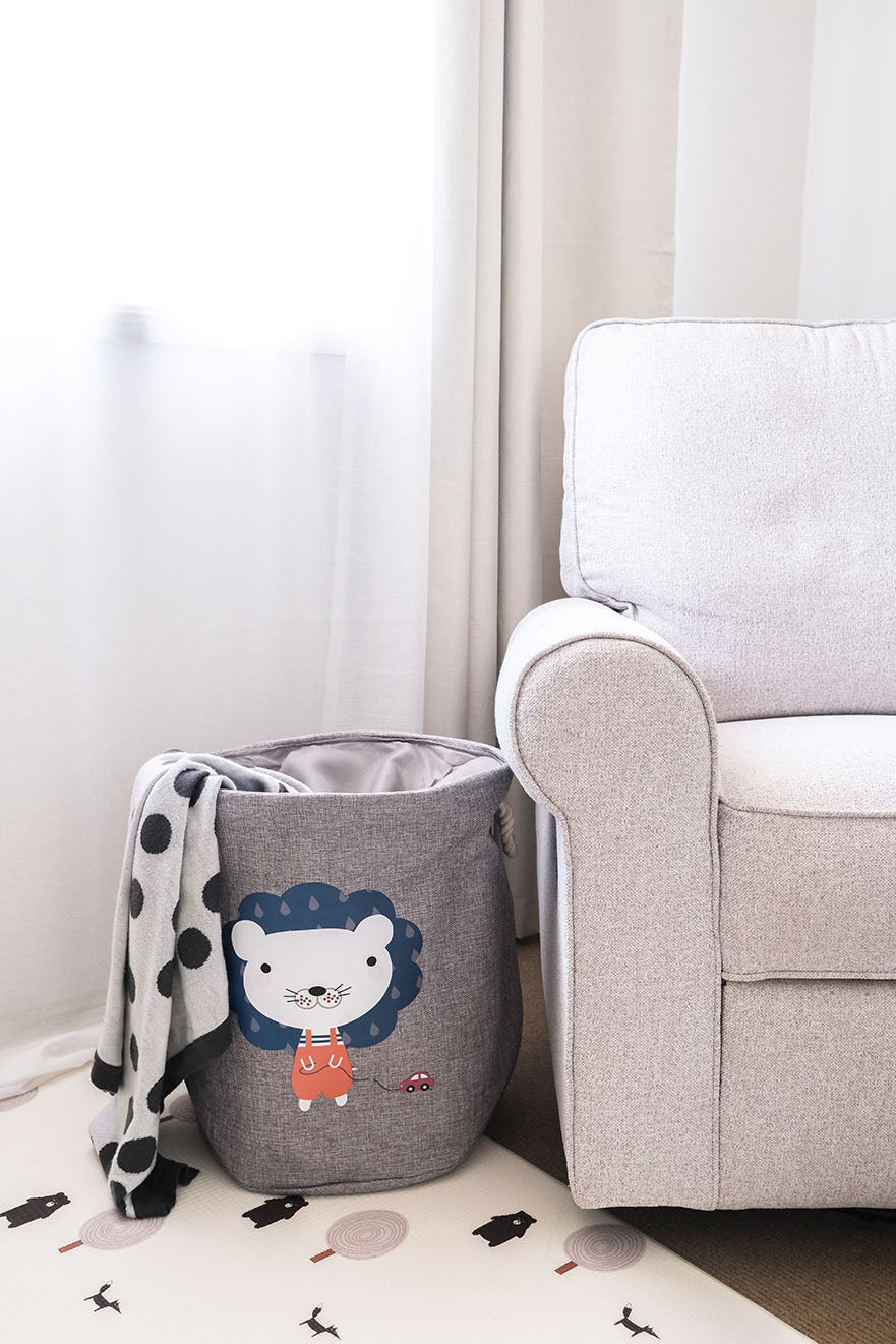 Large stuffed toy storage basket with lion design