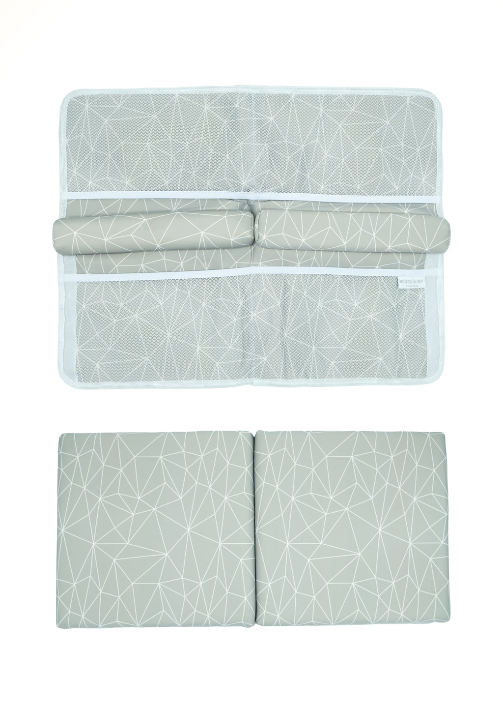 Elbow Rest and Kneeler Pad for Baby Bath time in neutral geometric grey free standing bathtub 