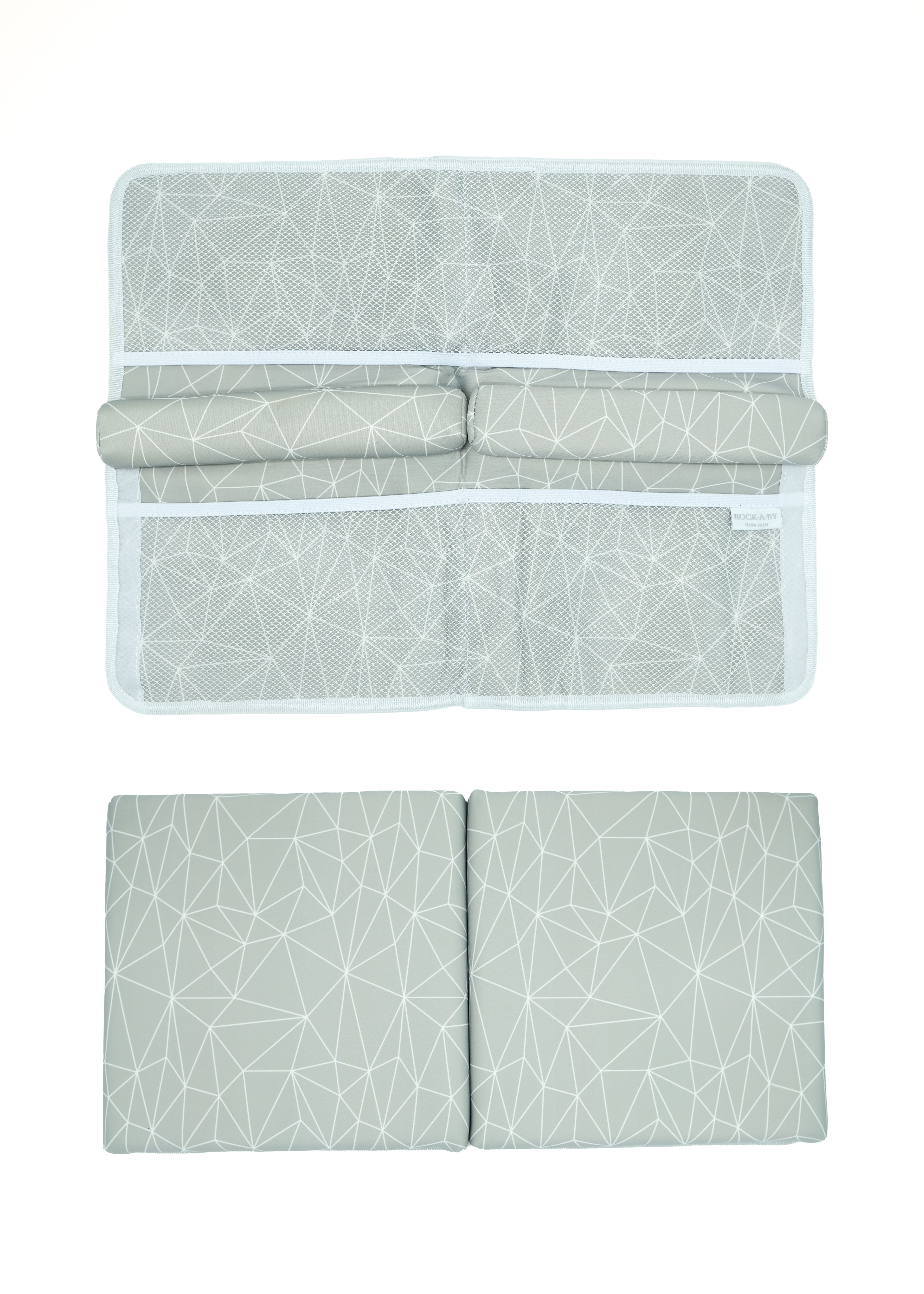 Elbow Rest and Kneeler Pad for Baby Bath time in neutral geometric grey free standing bathtub 