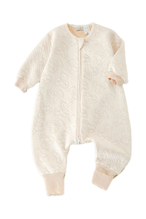 Baby sleepsuit with split leg design and cute teddy pattern