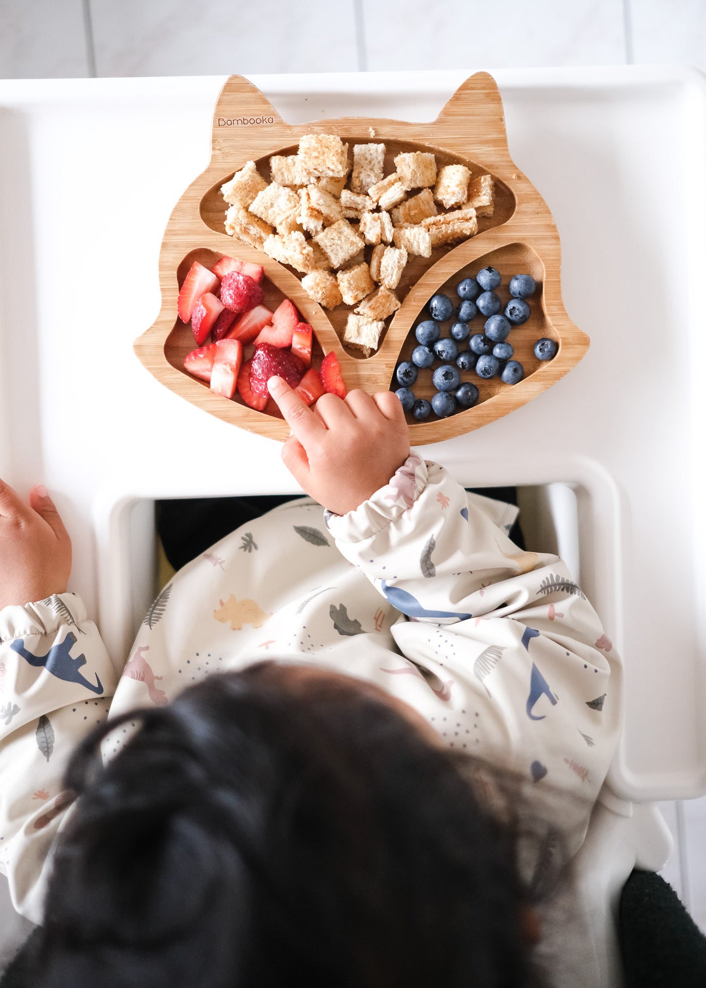 Baby wooden suction plate with strawberries, blueberries and toast 