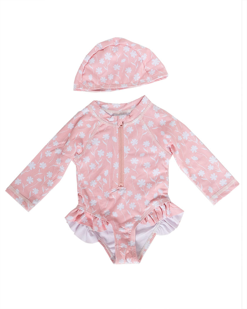 Baby girls one piece long sleeve swimsuit in pink floral design.