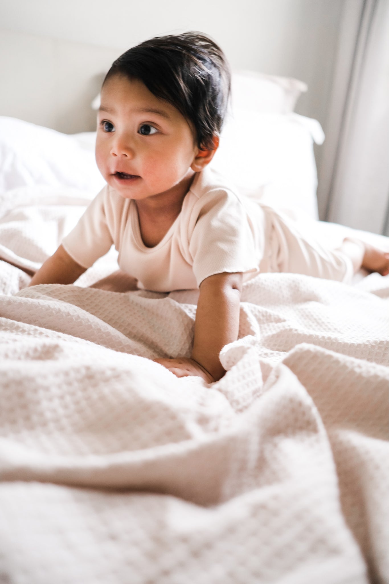 baby boy wearing summer set in beige