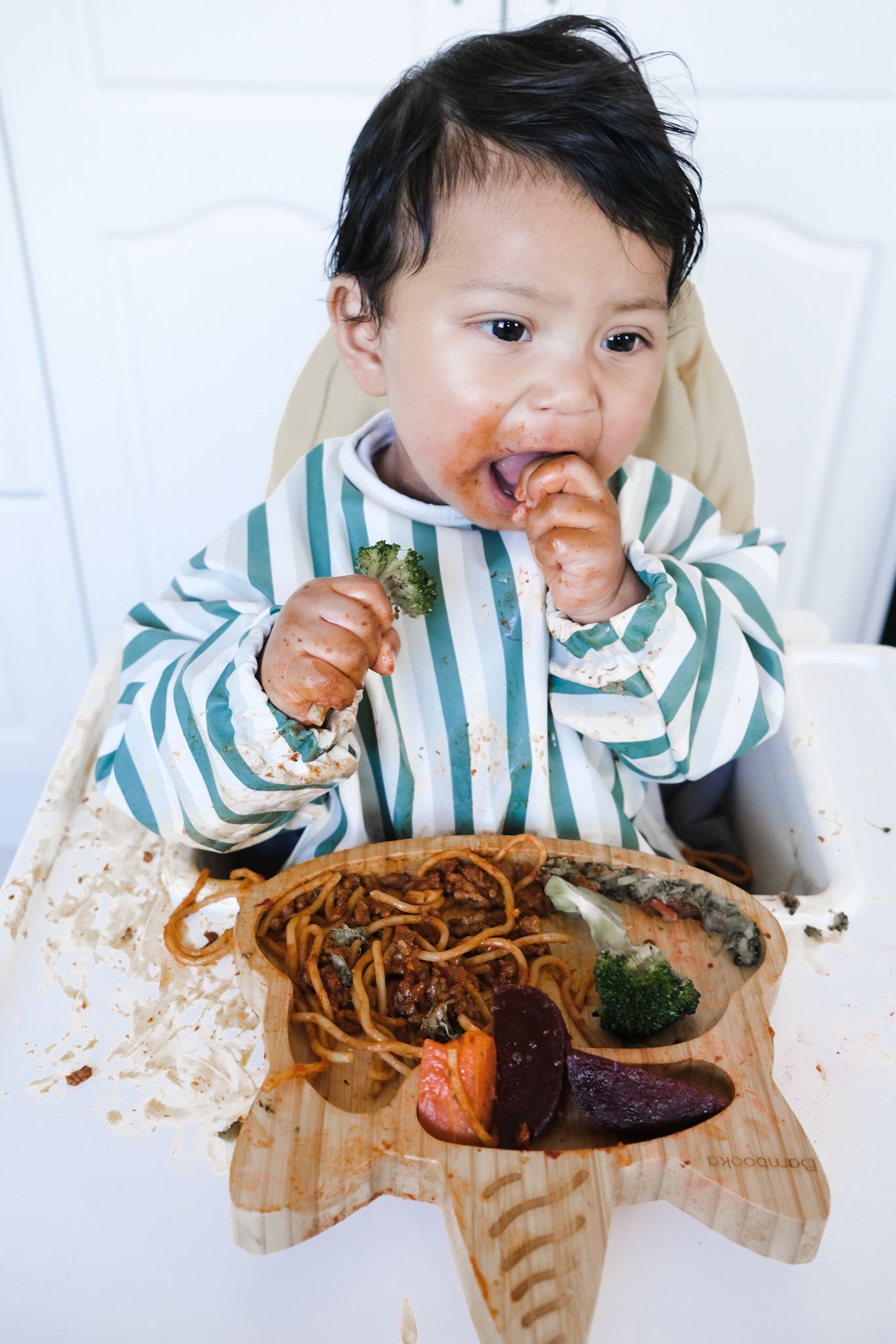 baby led weaning long sleeve bib. baby self feeding