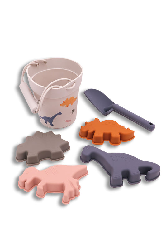 Silicone beach set toy with bucket and spade and dinosaur moulds