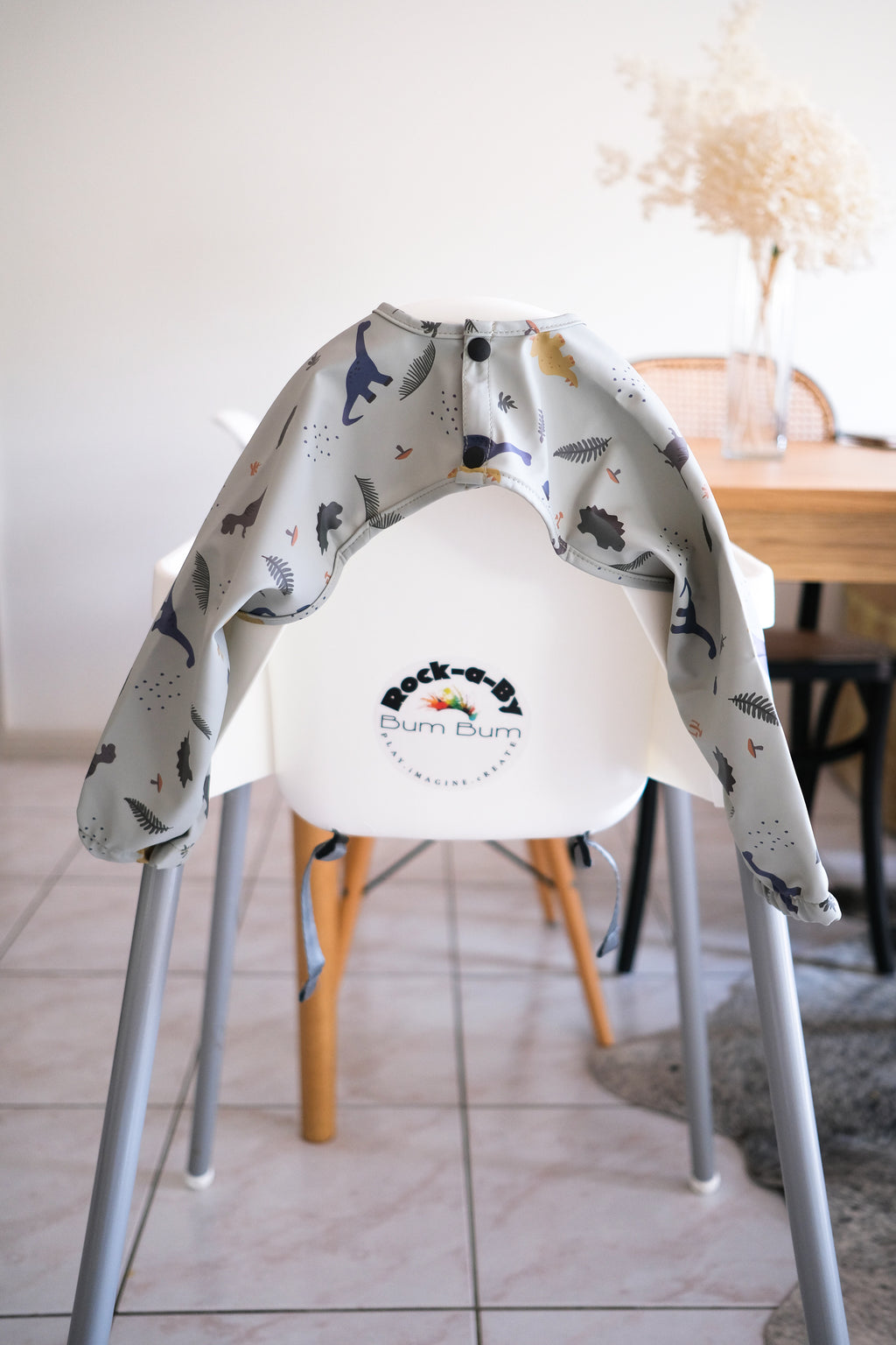 Long Sleeve Smock Bib - Grey Dino