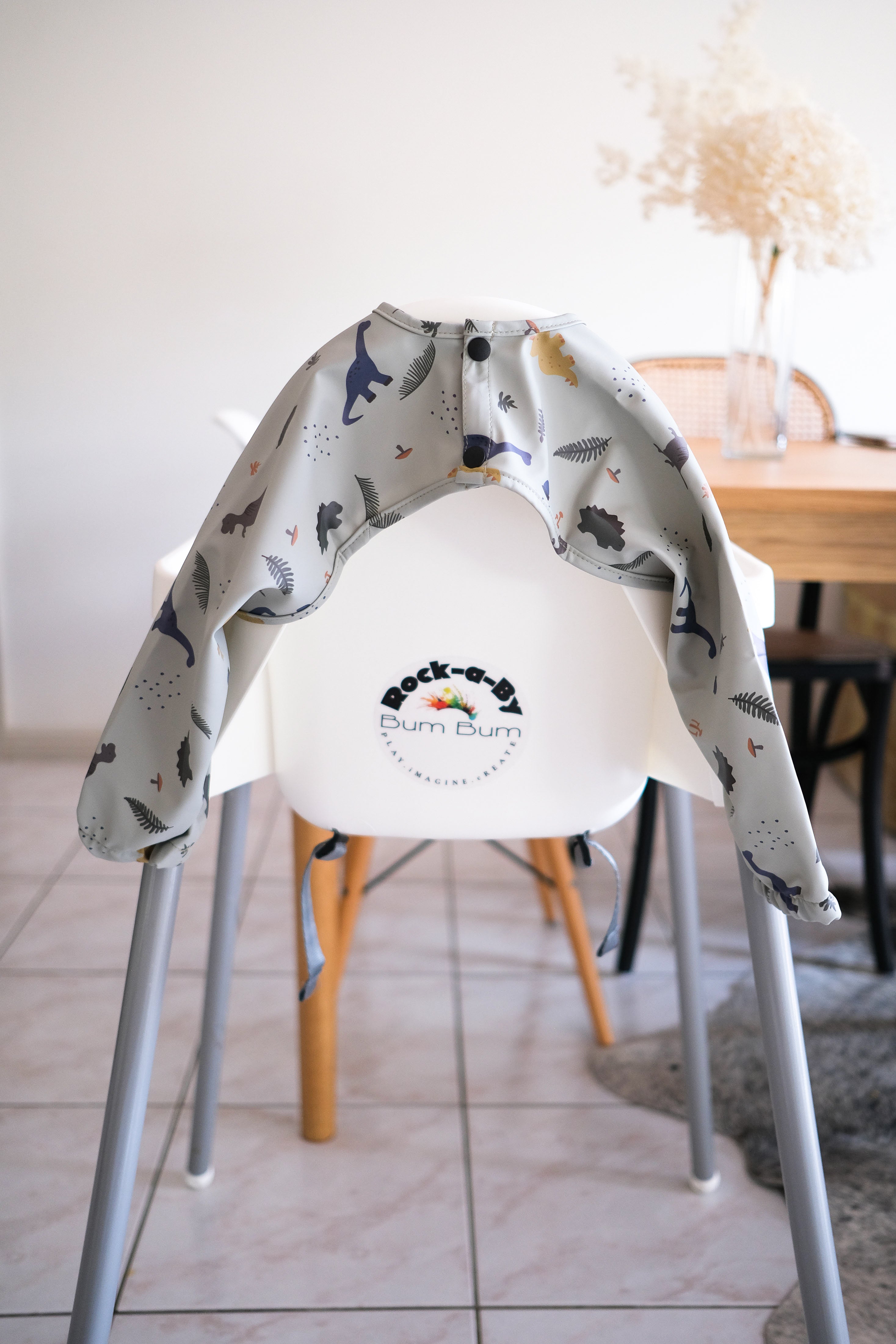 Long Sleeve Smock Bib - Grey Dino