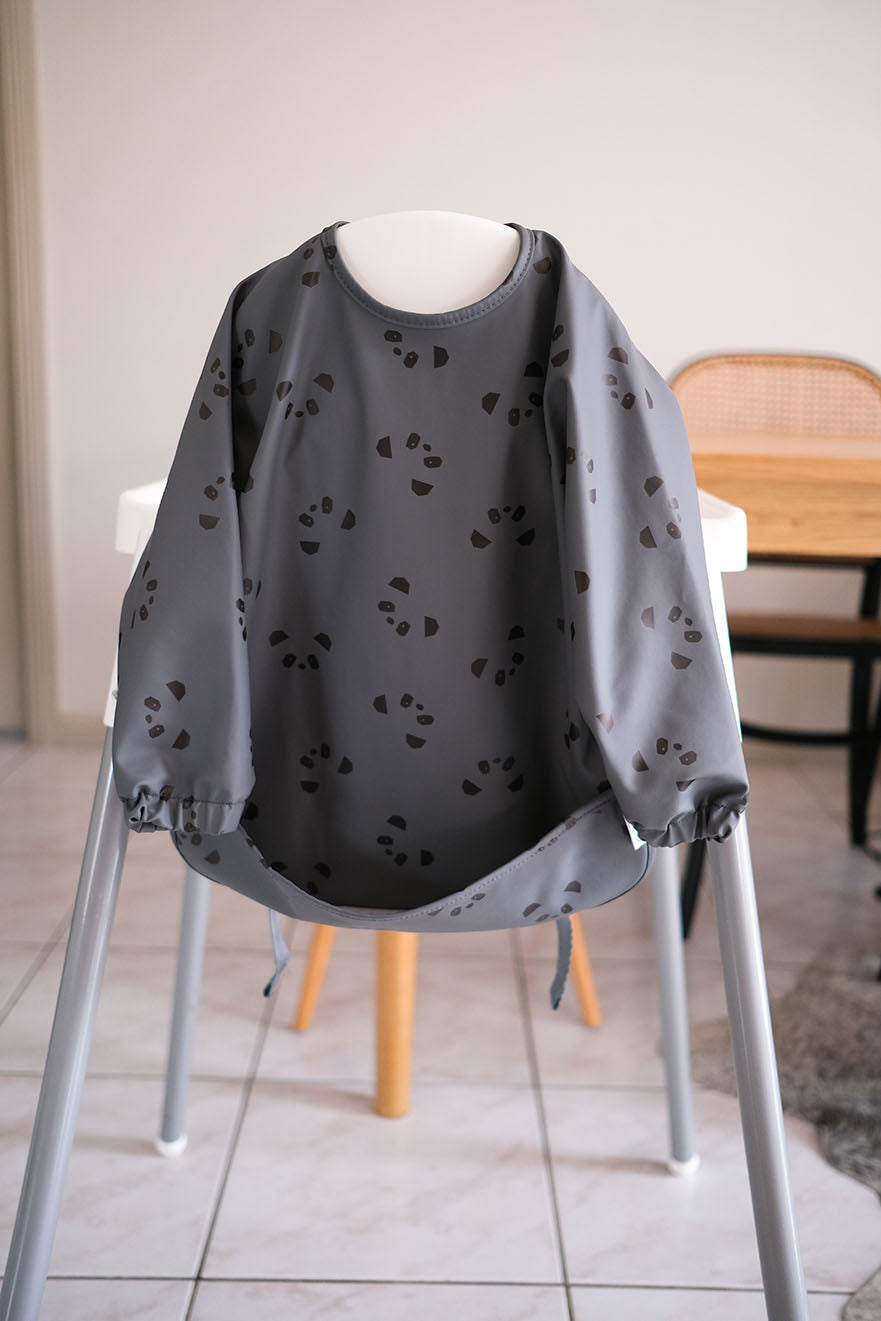 Long sleeve bib in stormy dark grey panda design. Baby led weaning bib