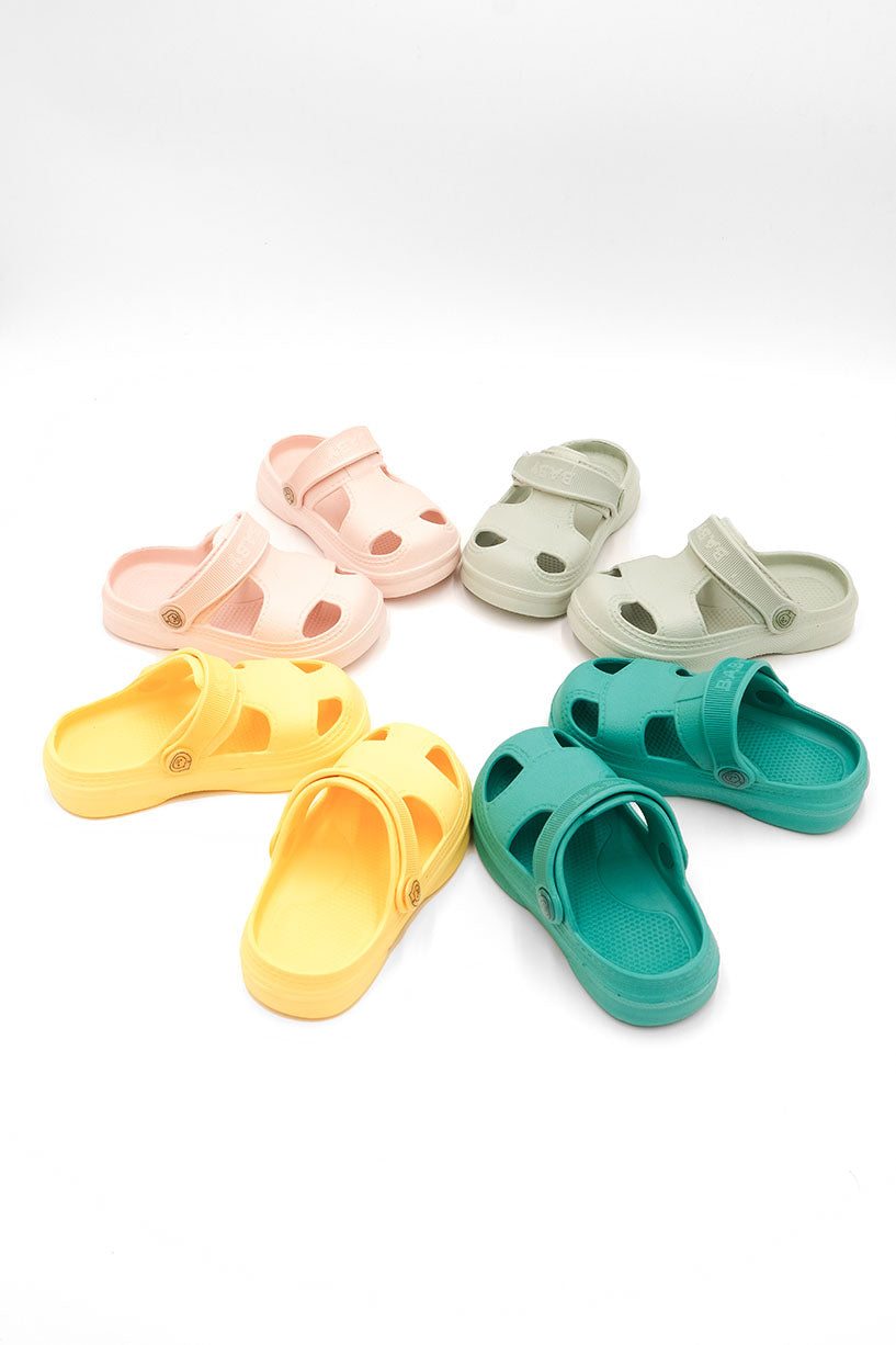 Non slip baby beach sandals. Light green, yellow, green and pink colour.