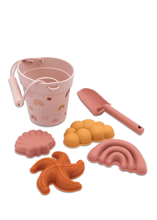 Silicone beach bucket and spade set with rainbow and shell design with moulds